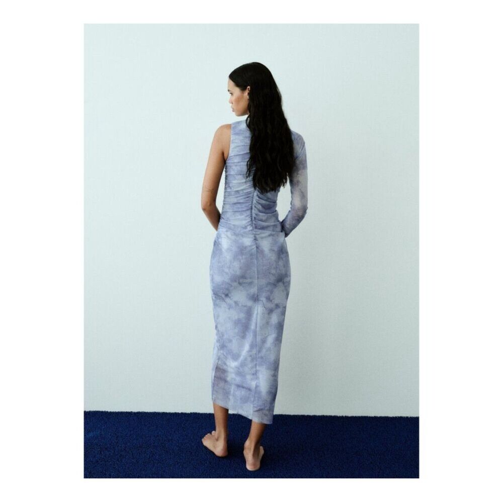 ZARA One Sleeve Asymmetrical Tulle Mesh Lined Midi Dress Blue Size Small - Picture 4 of 8